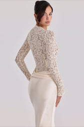 Sheer Lace Panel Ruched Satin Mermaid Maxi Lace Dress