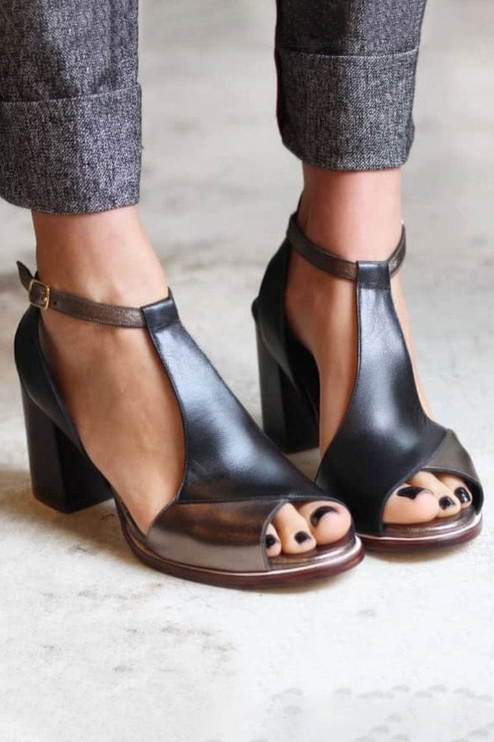 Peep Toe Ankle Strap Block Heel Sandals
