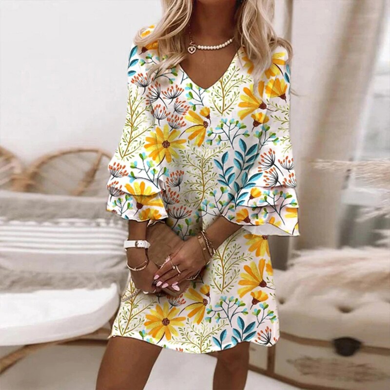 Imrana Seductive V-neck Bell Sleeve Mini Dress for Women