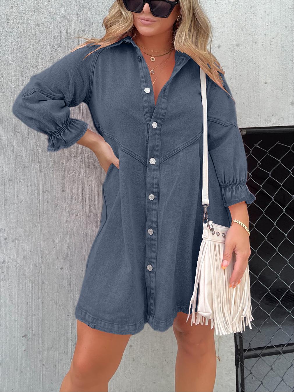 Nola | Chic Turn-Down Collar Denim Midi Dress Gray