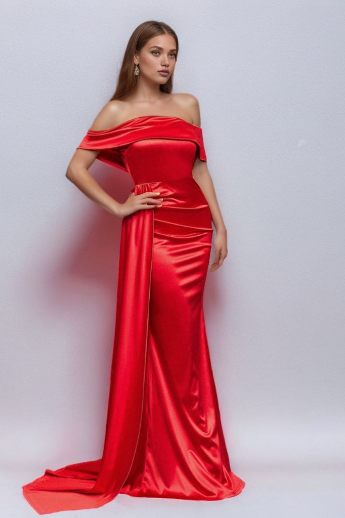 Satin Off Shoulder Ruched High Split Maxi Formal Gown
