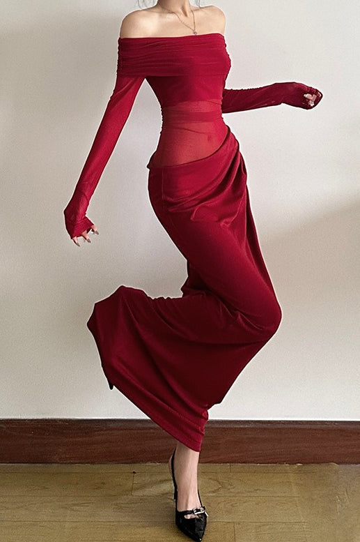 Off Shoulder Long Sleeve Sheer Mesh Ruched Bodycon Maxi Dress