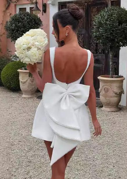 Pearl Trim Boat Neck Pleated Pocket Bow Back A-Line Mini Dress