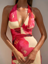 Floral Halter Neck Deep V-Neck Ruched Maxi Dress 17