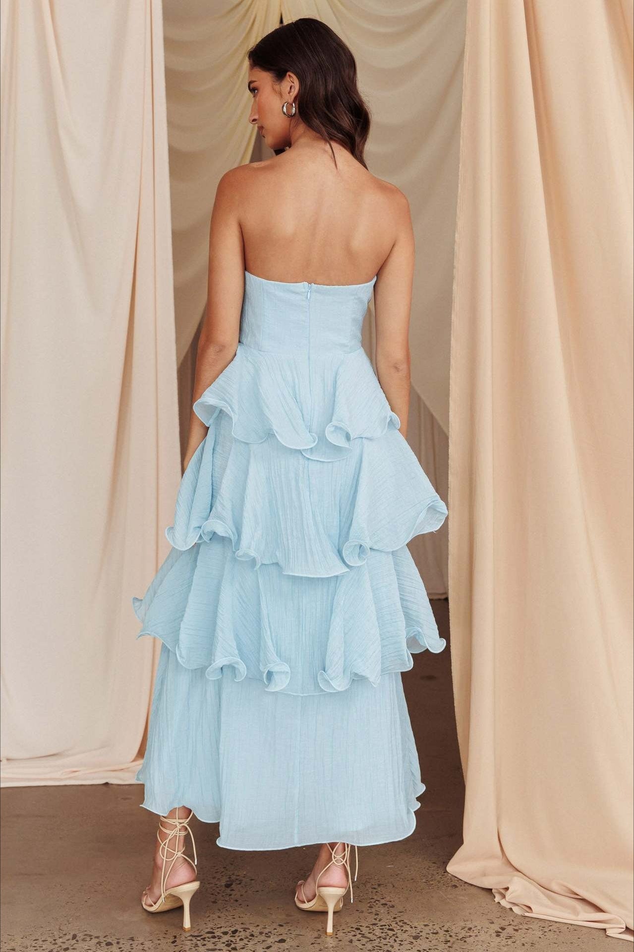 Strapless Tiered Ruffle Fit and Flare Midi Dress