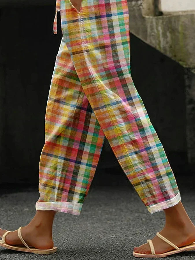 Plaid Drawstring High Waist Tapered Pants