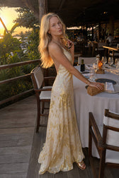 Metallic Print V-Neck Backless Slip Long Dress