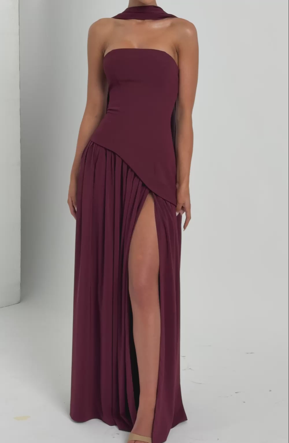 Strapless Asymmetric Drop Waist High Split Maxi Dress with Scarf 24