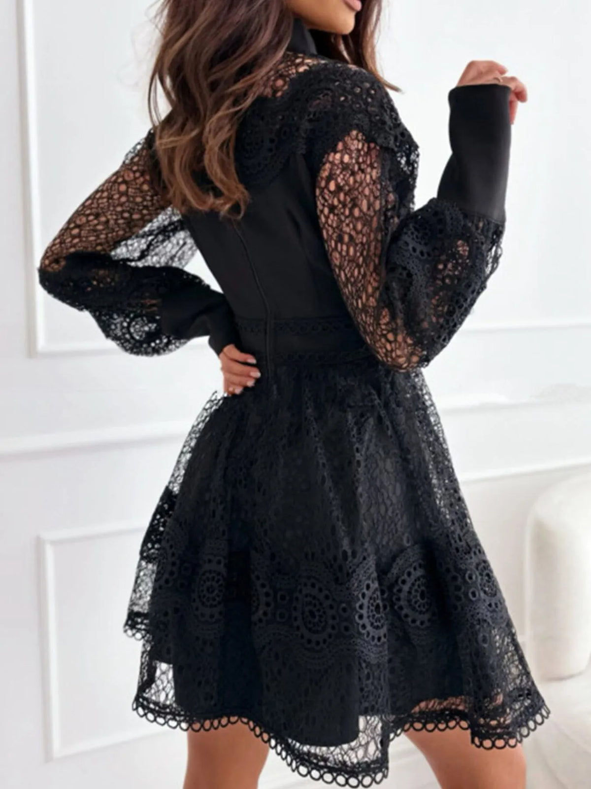 Lace Lantern Sleeve Mini Dress