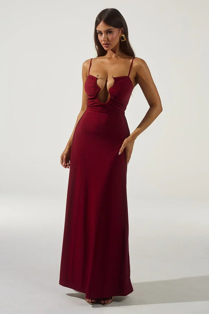 Plunge Ring Cut Out Spaghetti Strap Column Maxi Dress