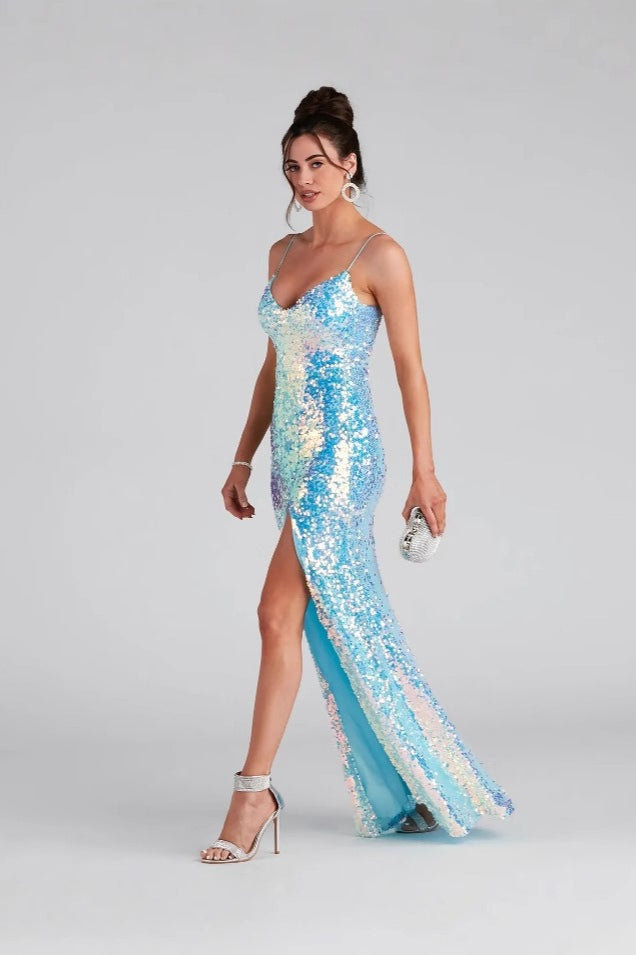 Sequin Spaghetti Strap V-Neck High Split Mermaid Maxi Dress