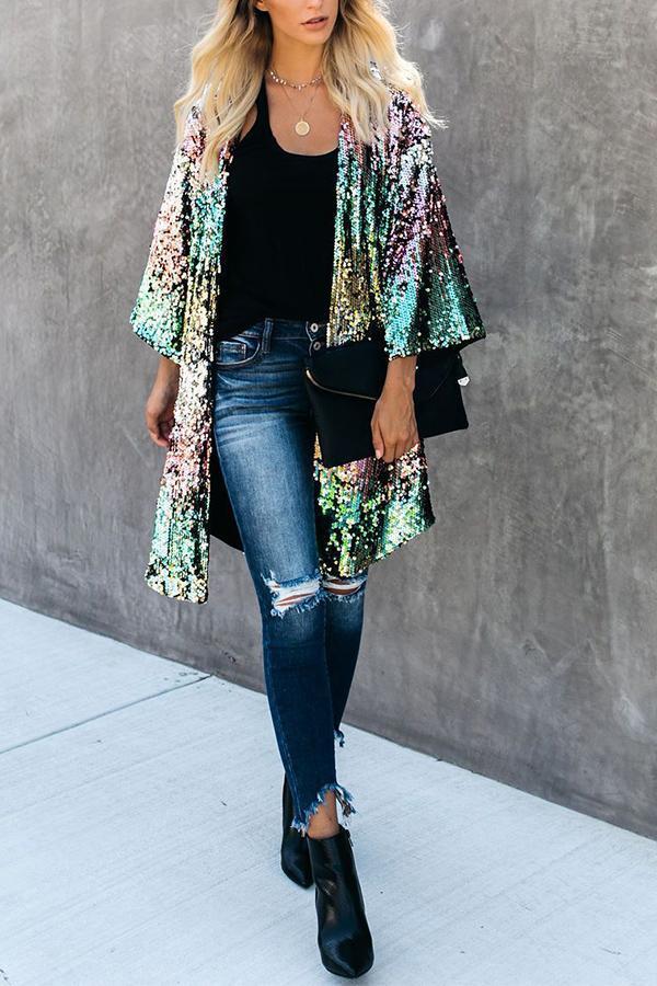 Sequins Three-quarter Sleeve Buttonless Jacket