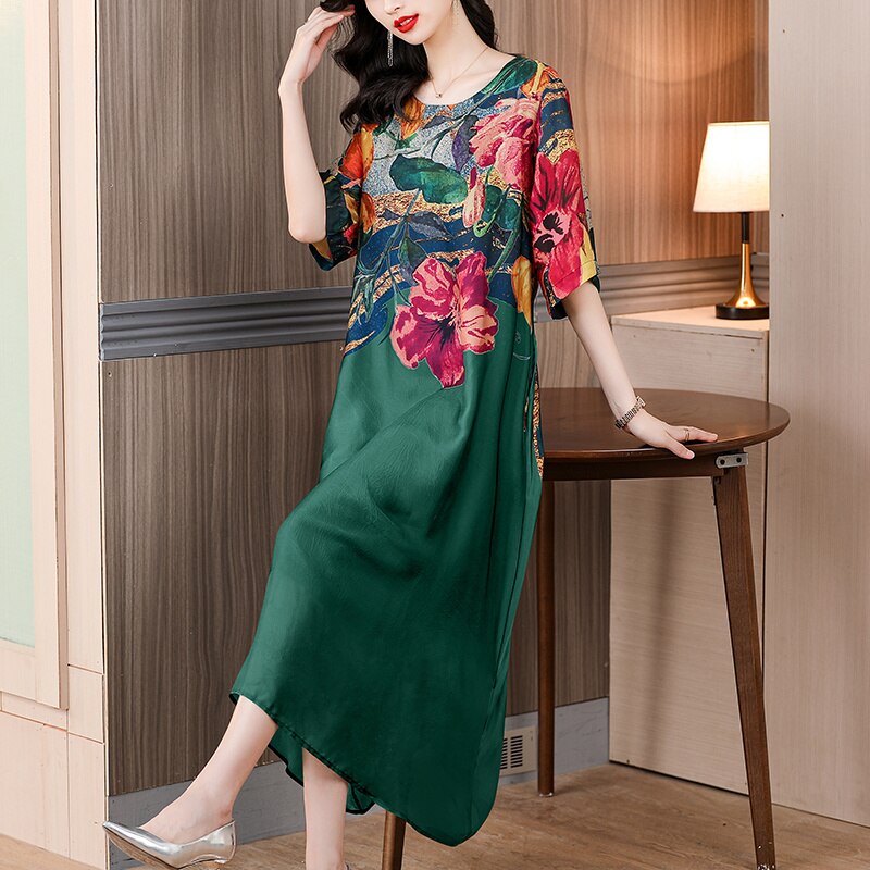 Floral Print Color Block Short Sleeve Loose Midi Dress