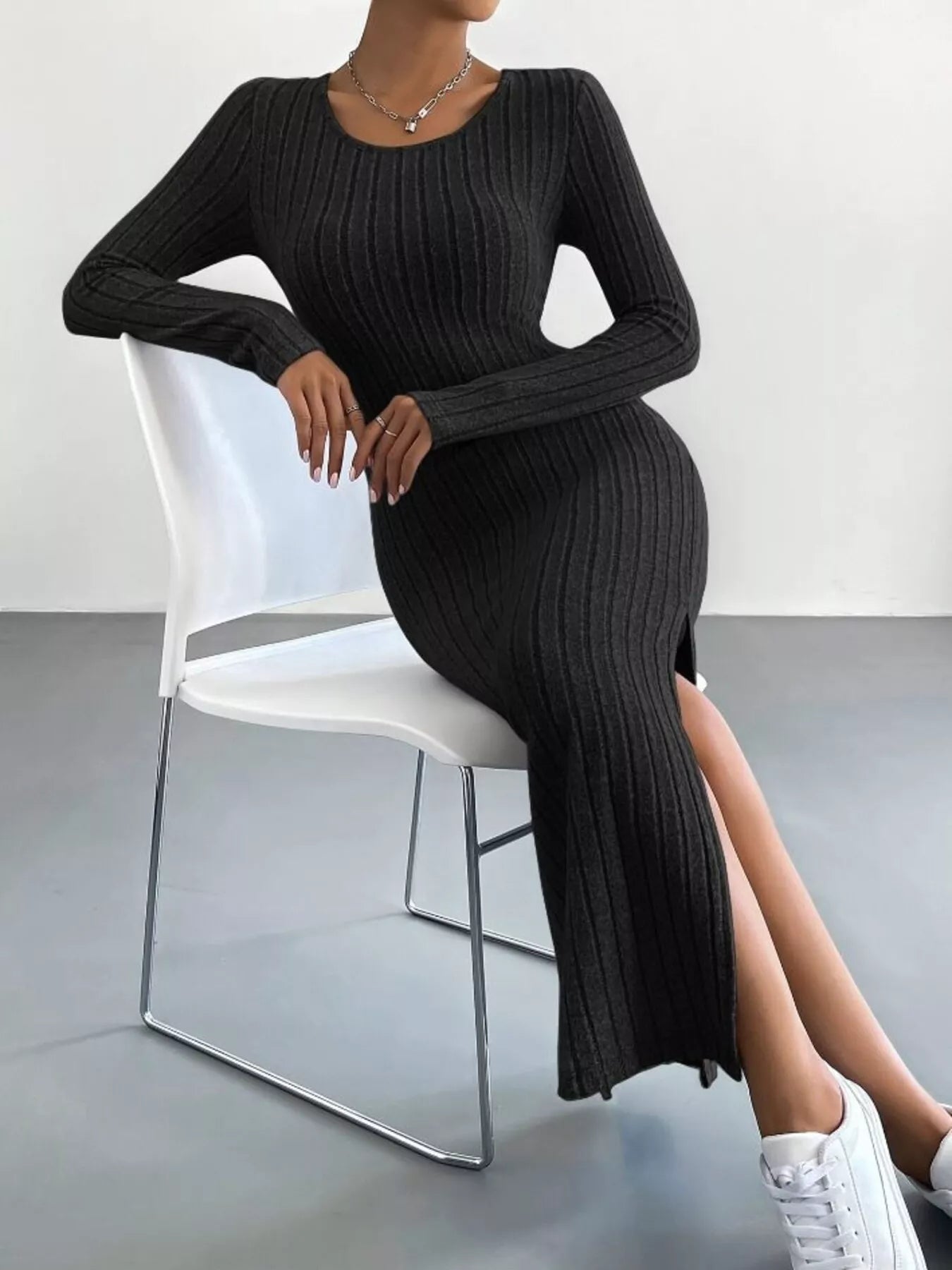 Full Size Ribbed Knit Bodycon Midi Dress Plus Size Black