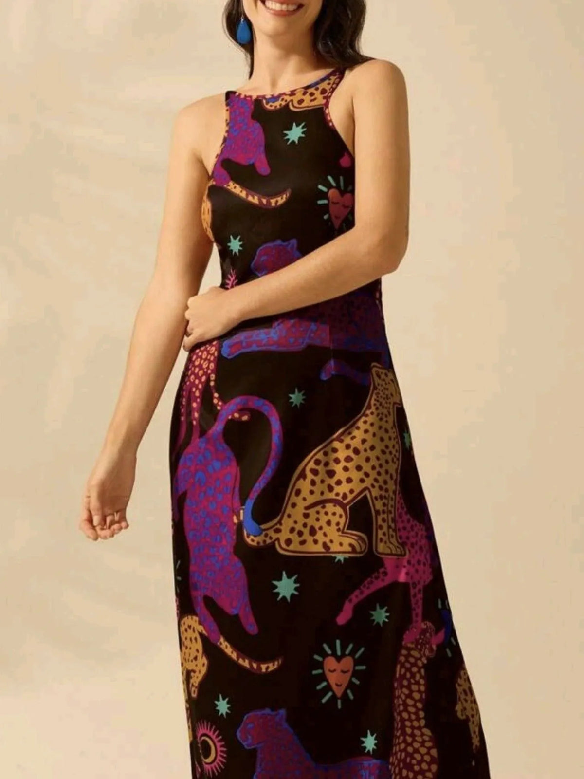 Palm Leaf Print Halter Neck Sleeveless A-Line Maxi Dress 11