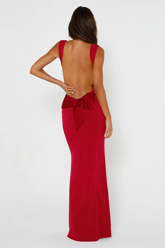Satin Square Neck Bow Back Backless Maxi Formal Dress