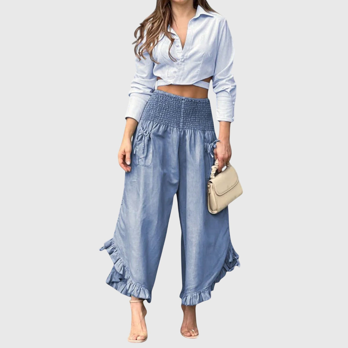 High Waist Smocked Ruffle Hem Wide Leg Pants