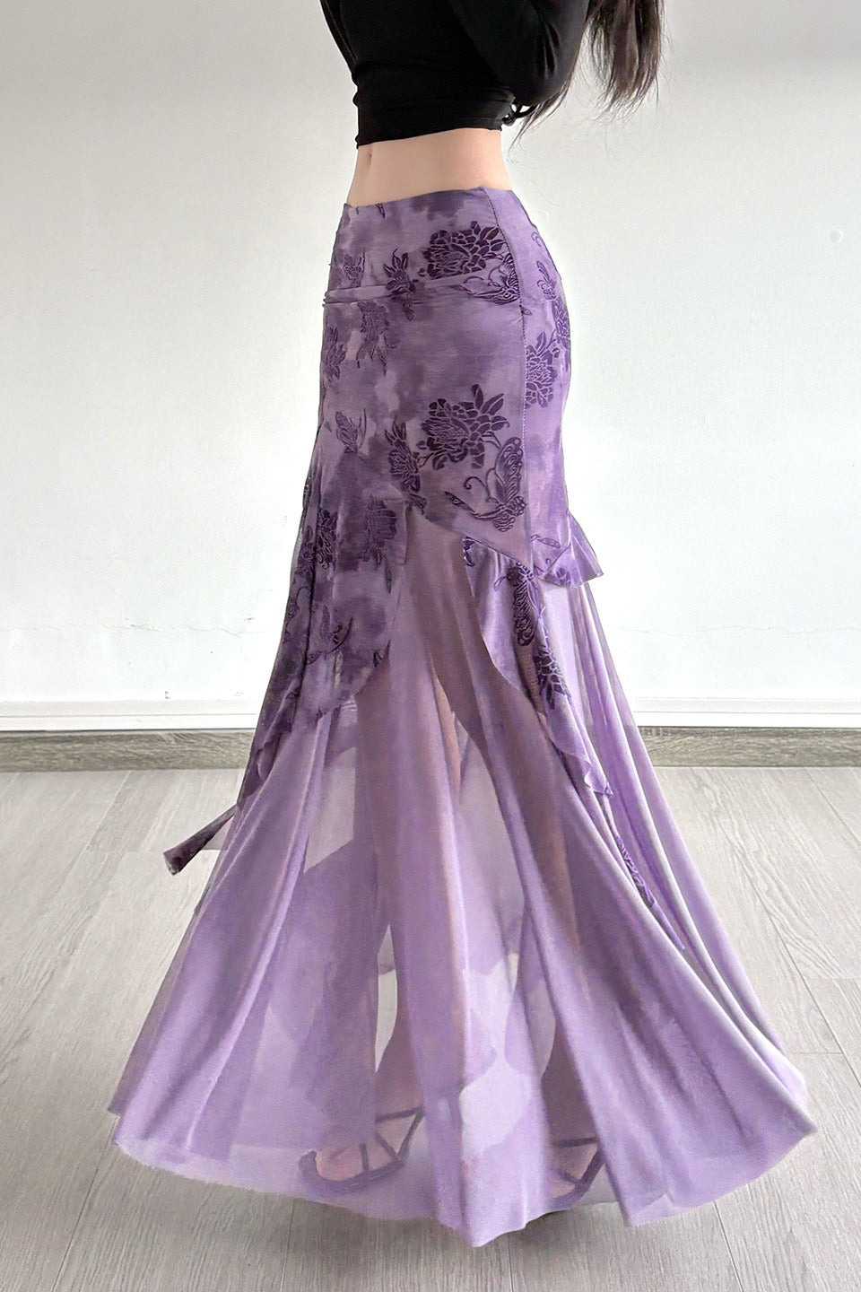 Floral Print Mesh Ruched Asymmetric Ruffle Mermaid Maxi Skirt 3