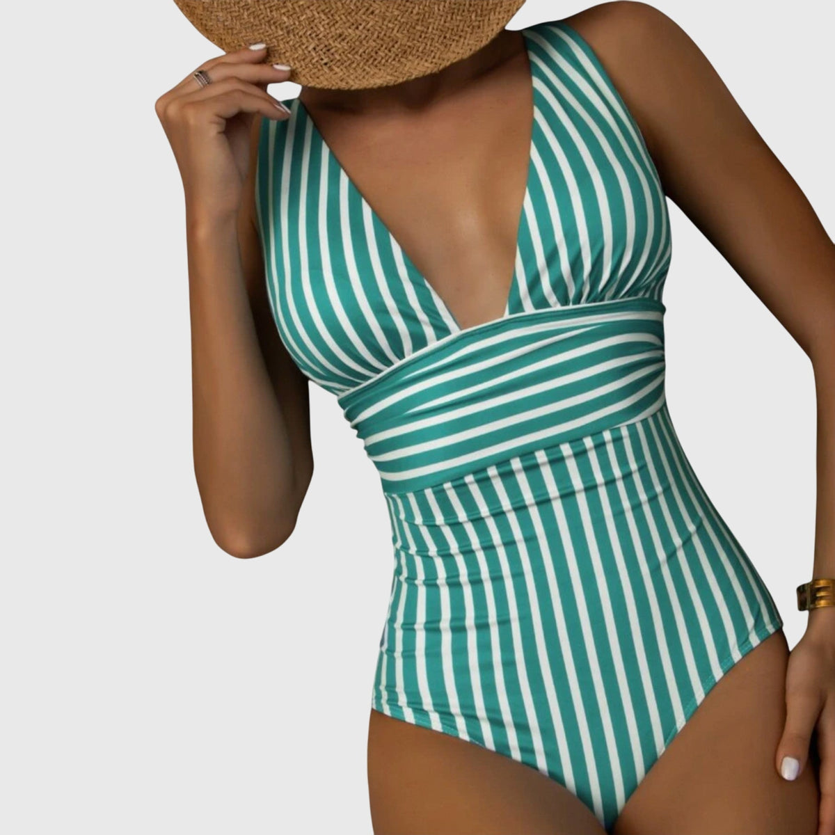 Striped Deep V-Neck Ruched One Piece Swimsuit