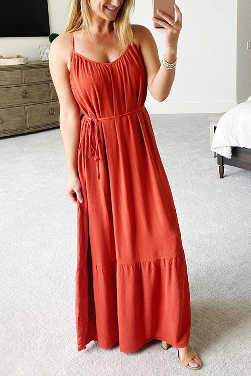 Spaghetti Strap V-Neck Tiered Ruffle Hem Maxi Dress