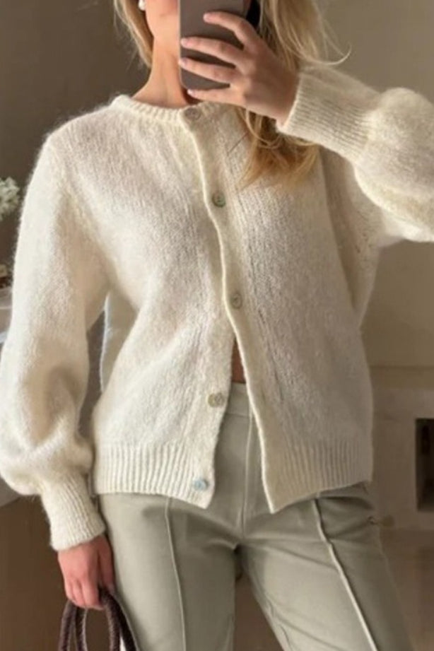 Crew Neck Balloon Sleeve Button Front Fuzzy Knit Cardigan 3
