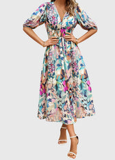 Floral Chiffon Deep V-Neck Puff Sleeve Smocked Maxi Dress 3