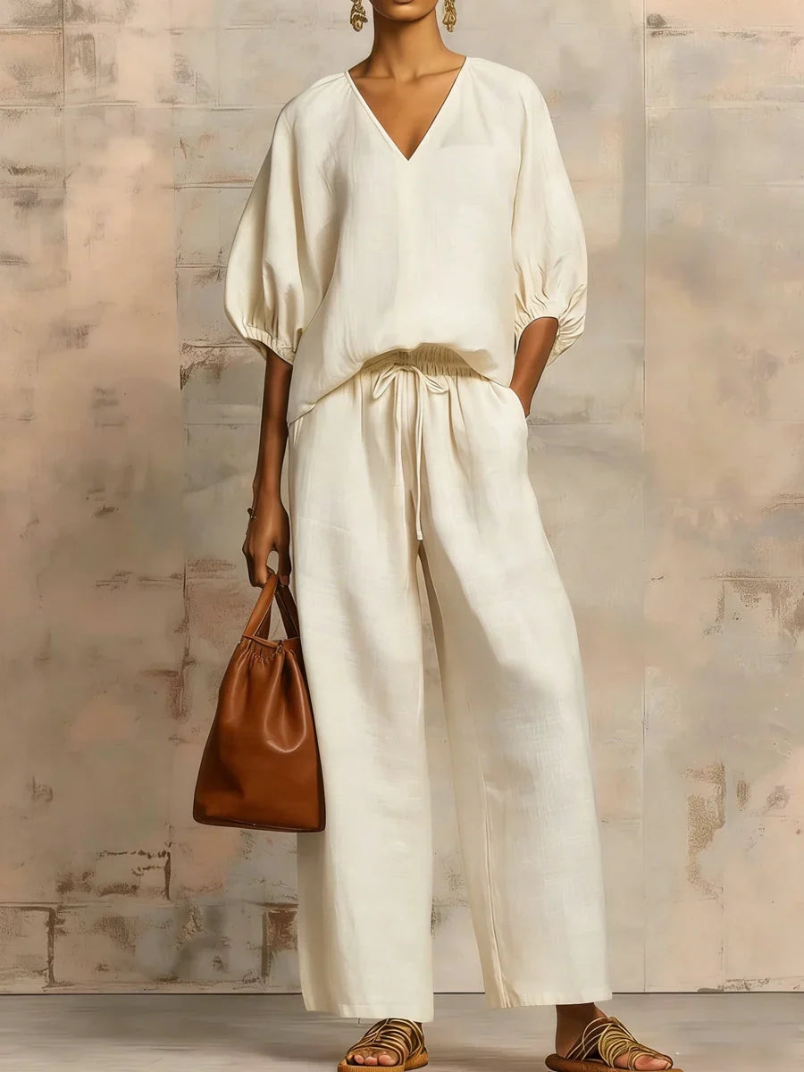 V-Neck Puff Sleeve Top and Wide Leg Pants Two Piece Set