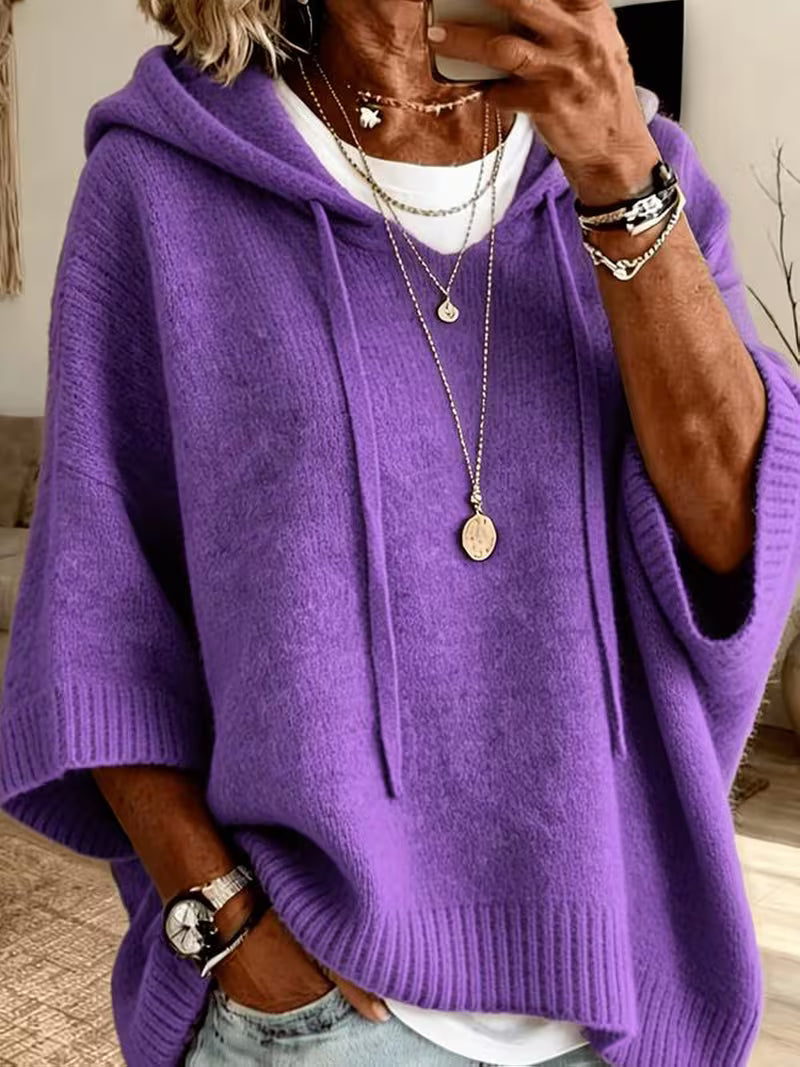 Hooded Drawstring Oversized Knit Poncho Sweater