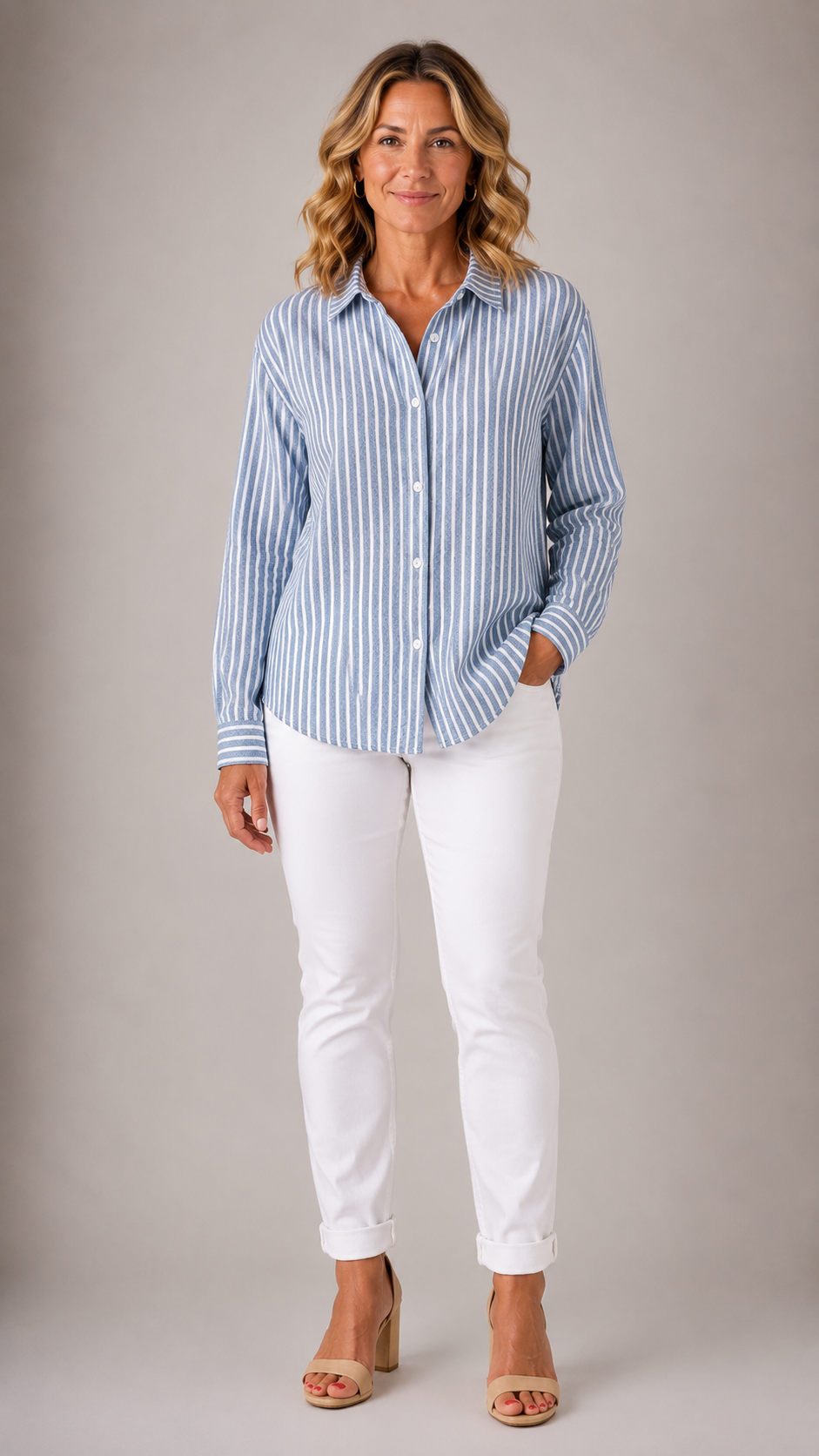 Collared Long Sleeve Striped Button Front Shirt