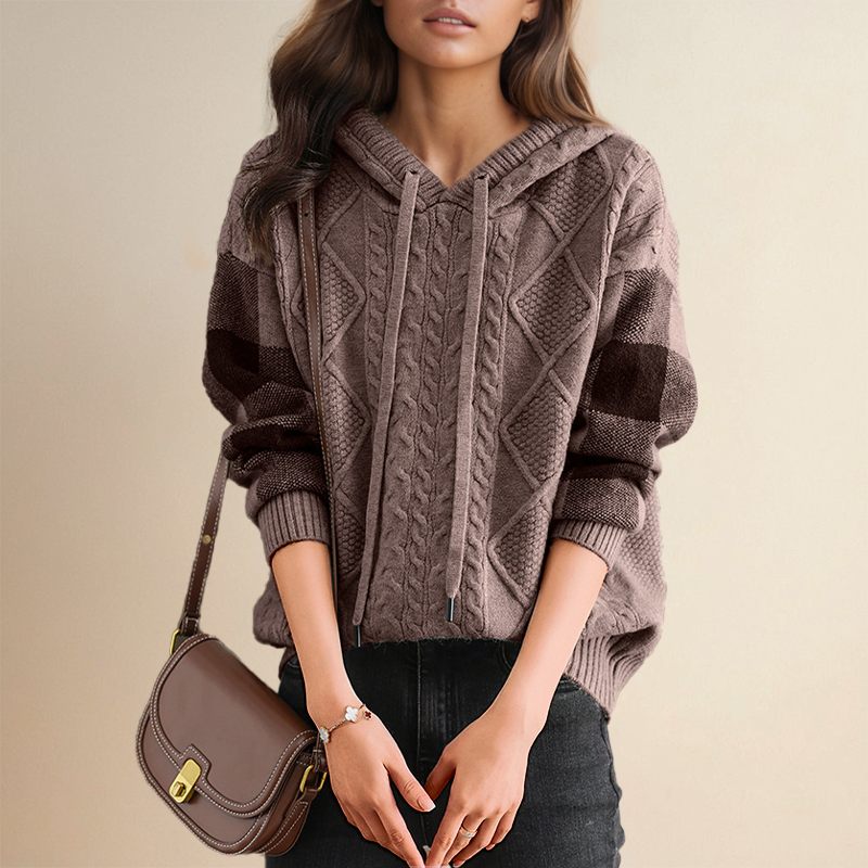 Hooded Cable Knit Drawstring Sweater
