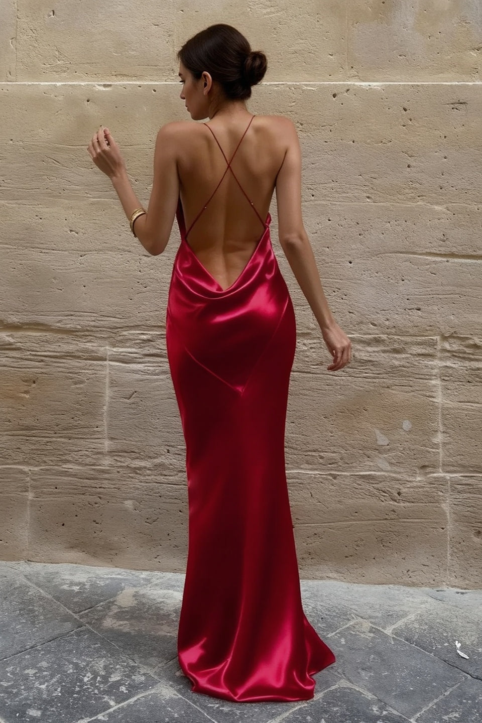 Satin Cowl Neck Backless Mermaid Evening Slip Dress