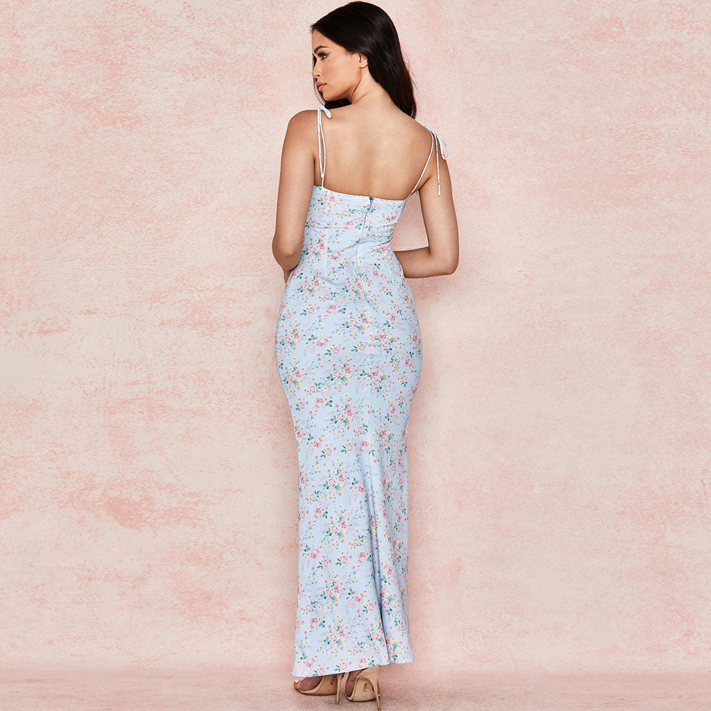 Floral Print Tie Strap Ruched Bust Mermaid Slip Maxi Dress 3