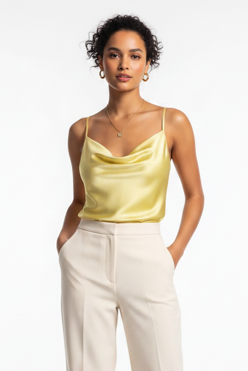 Elegant Silk Cowl Neck Camisole with Adjustable Straps & Luxurious Fin