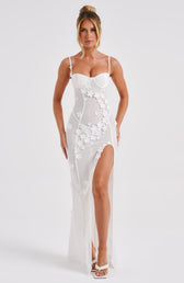 Floral Appliqué Bustier High Split Mesh Maxi Dress 7