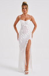 Floral Appliqué Bustier High Split Mesh Maxi Dress 12