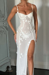 Floral Appliqué Bustier High Split Mesh Maxi Dress 3