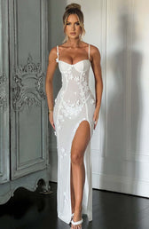 Floral Appliqué Bustier High Split Mesh Maxi Dress 4