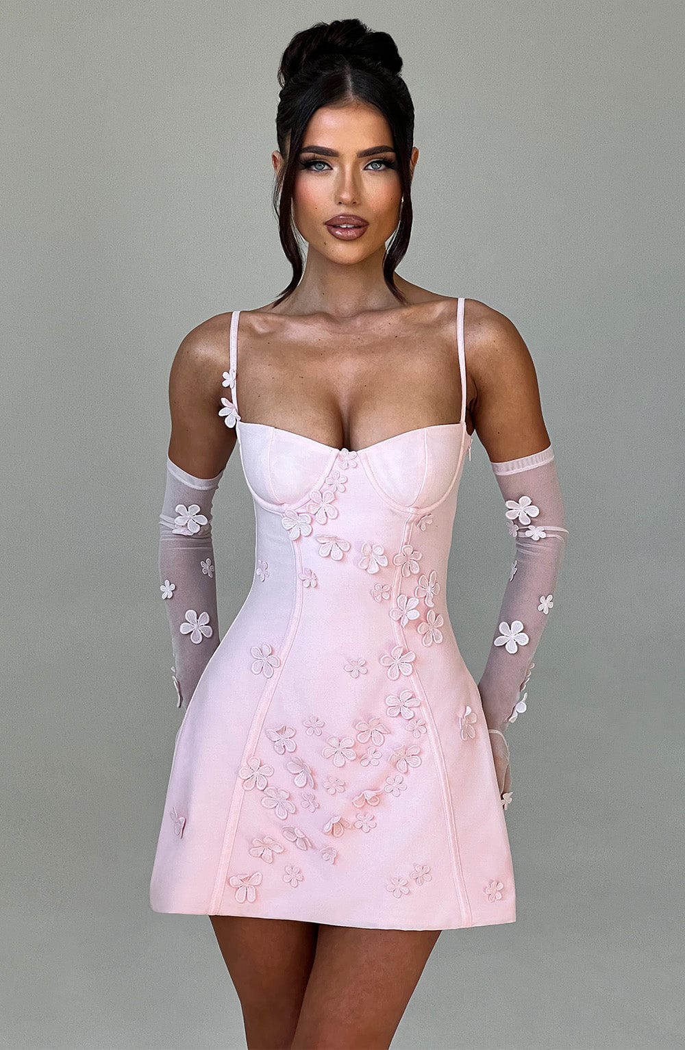 3D Floral Applique Bustier Cami Mini Dress with Mesh Gloves