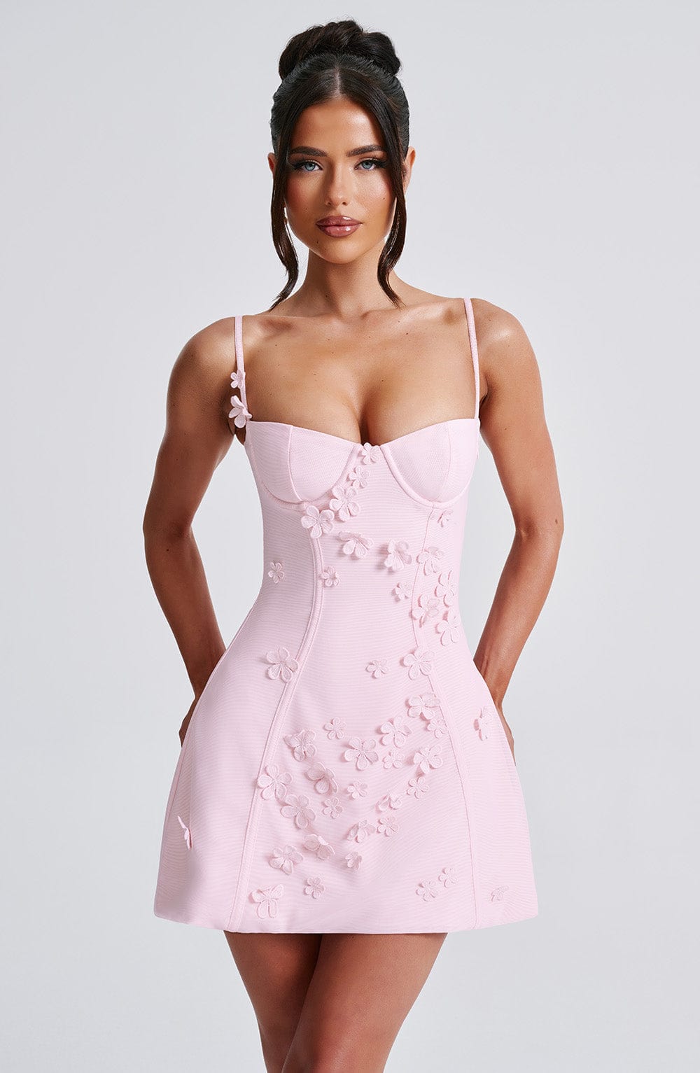 3D Floral Applique Bustier Cami Mini Dress with Mesh Gloves 8