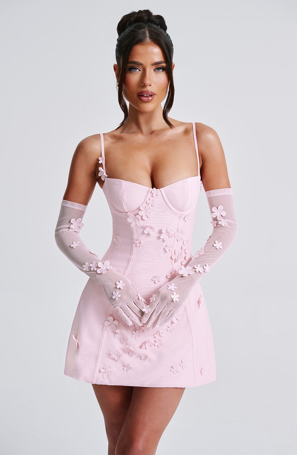 3D Floral Applique Bustier Cami Mini Dress with Mesh Gloves 6