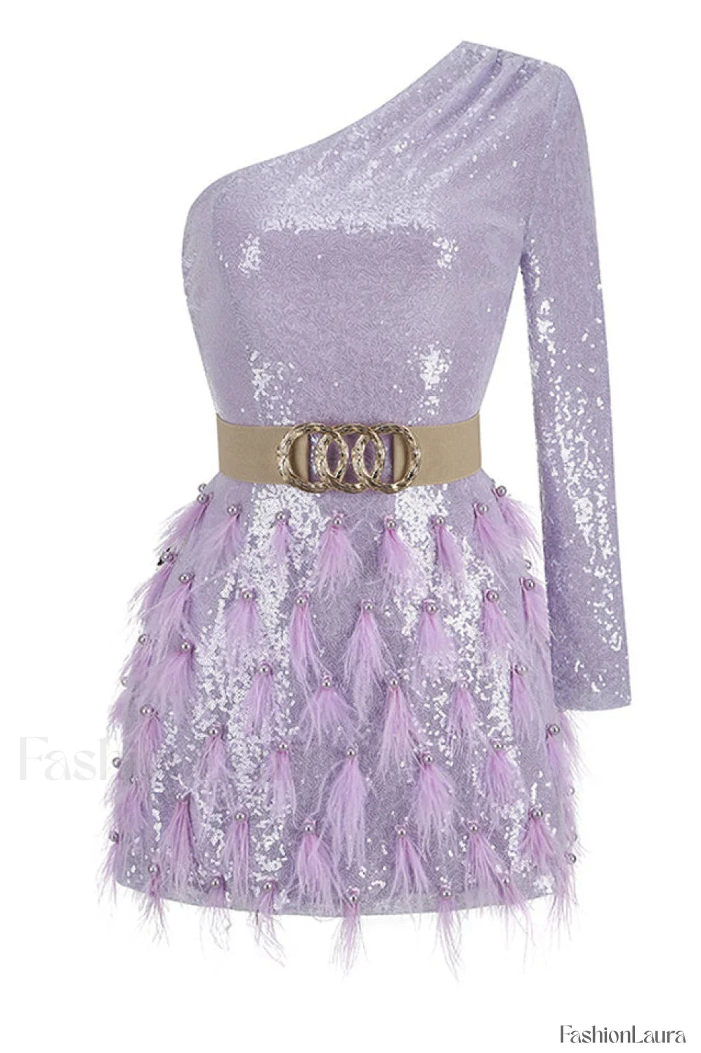Daria One Shoulder Charming Sequin Feather Dress