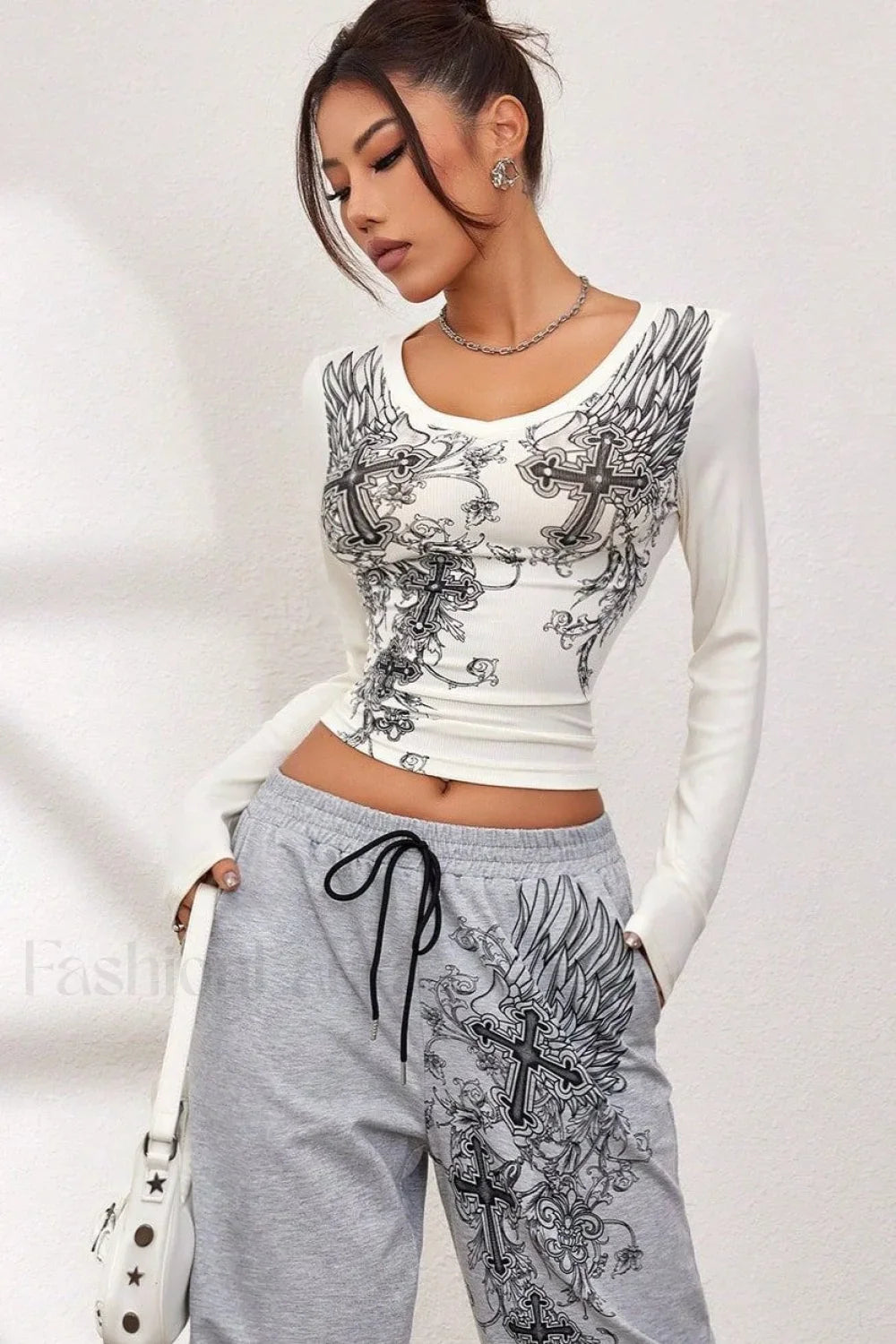 Dark Gothic Wing Print Long Sleeve T-Shirt