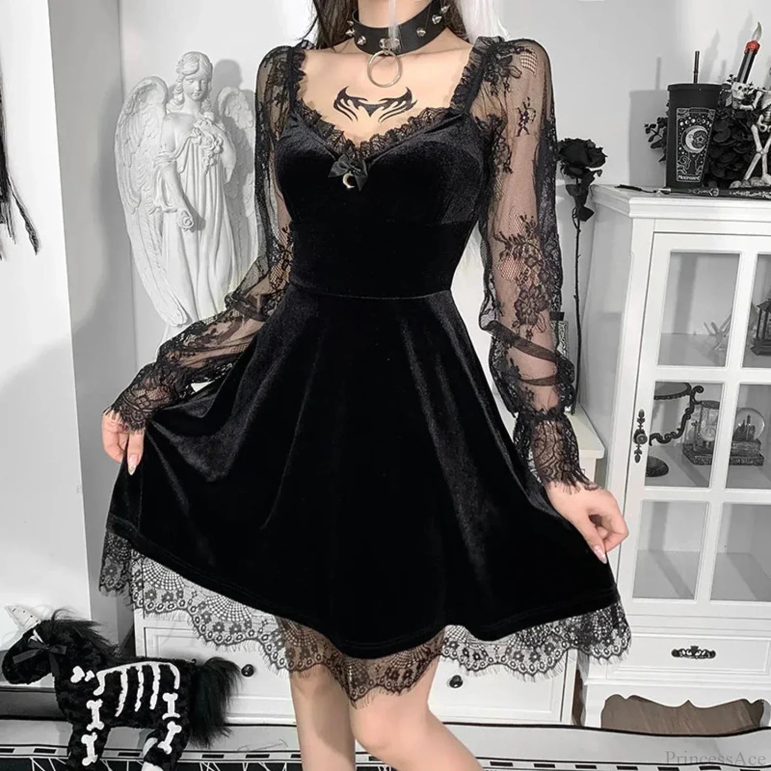 Dark Lace Trim Small Dress Black / S