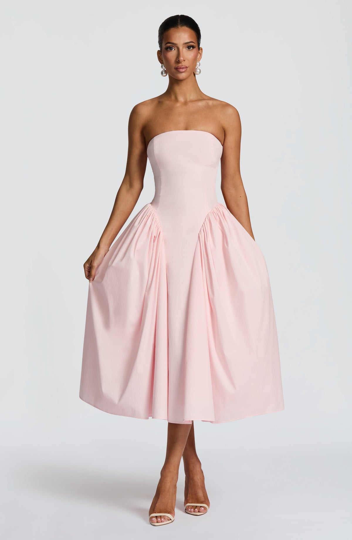 Strapless Fitted Bodice Gathered Side Panel Full Skirt Midi Dress