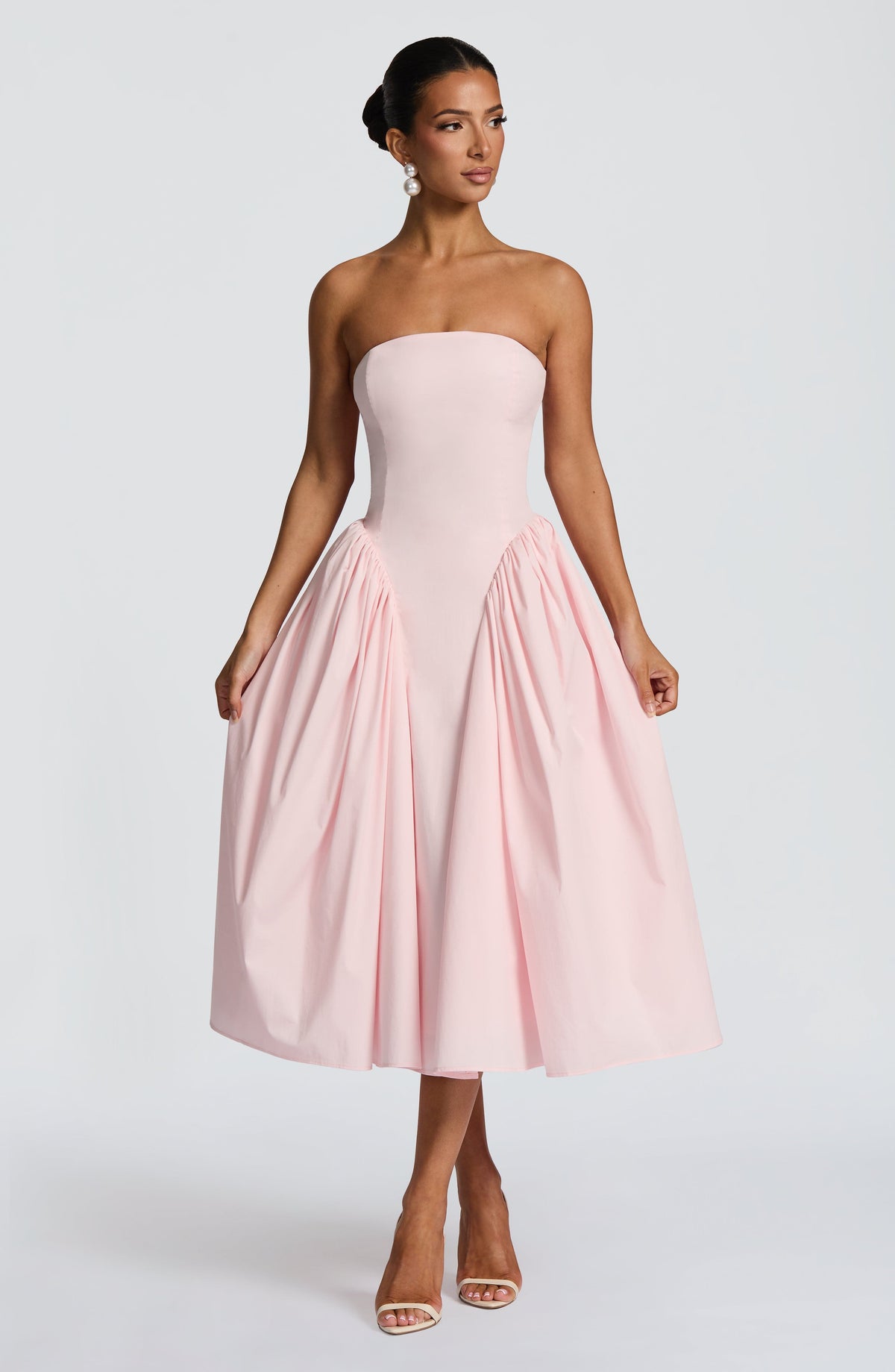 Strapless Fitted Bodice Gathered Side Panel Full Skirt Midi Dress 6