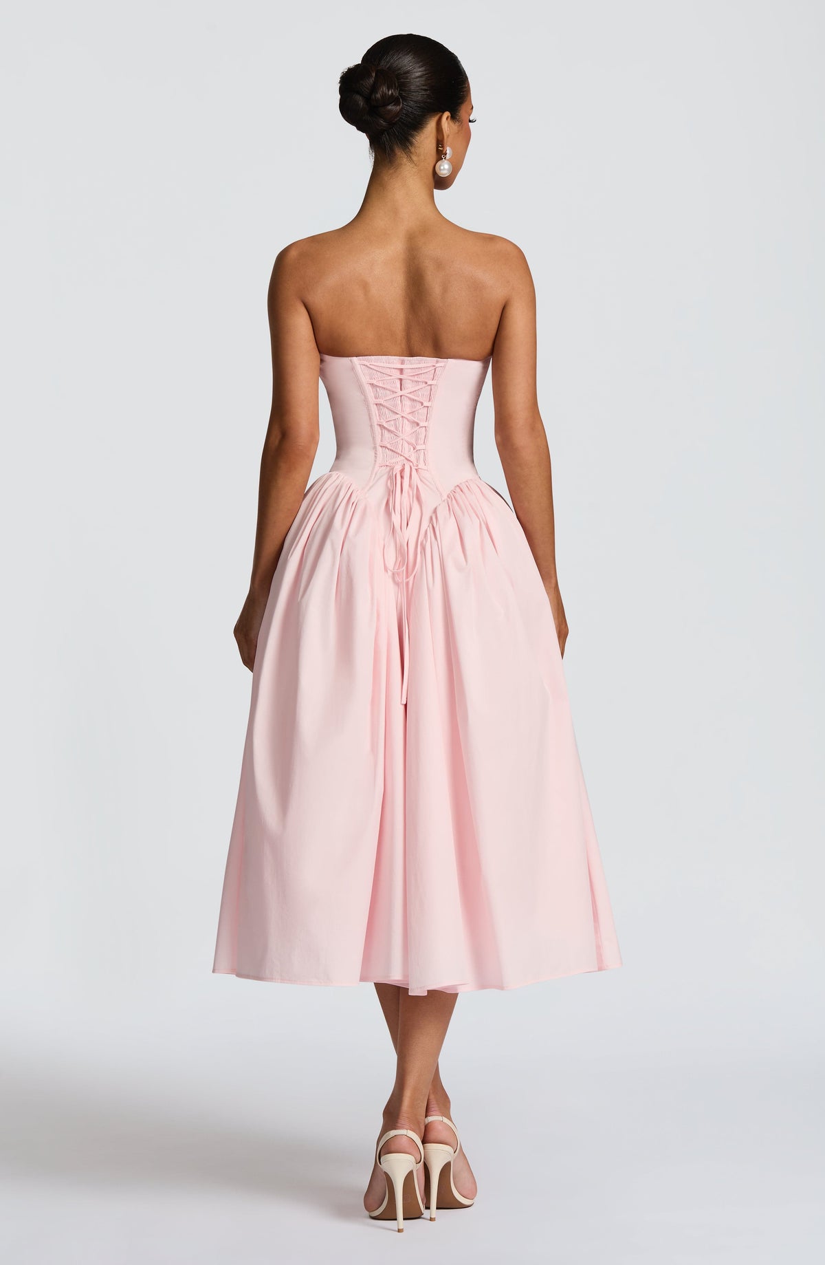 Strapless Fitted Bodice Gathered Side Panel Full Skirt Midi Dress 3