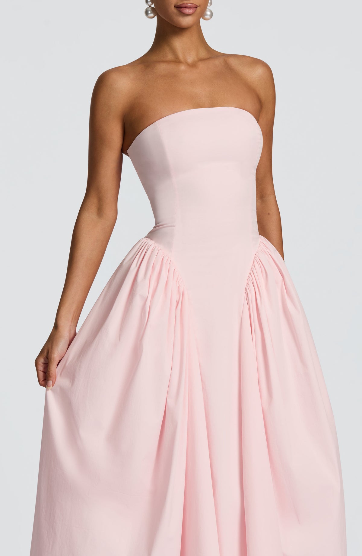 Strapless Fitted Bodice Gathered Side Panel Full Skirt Midi Dress 4