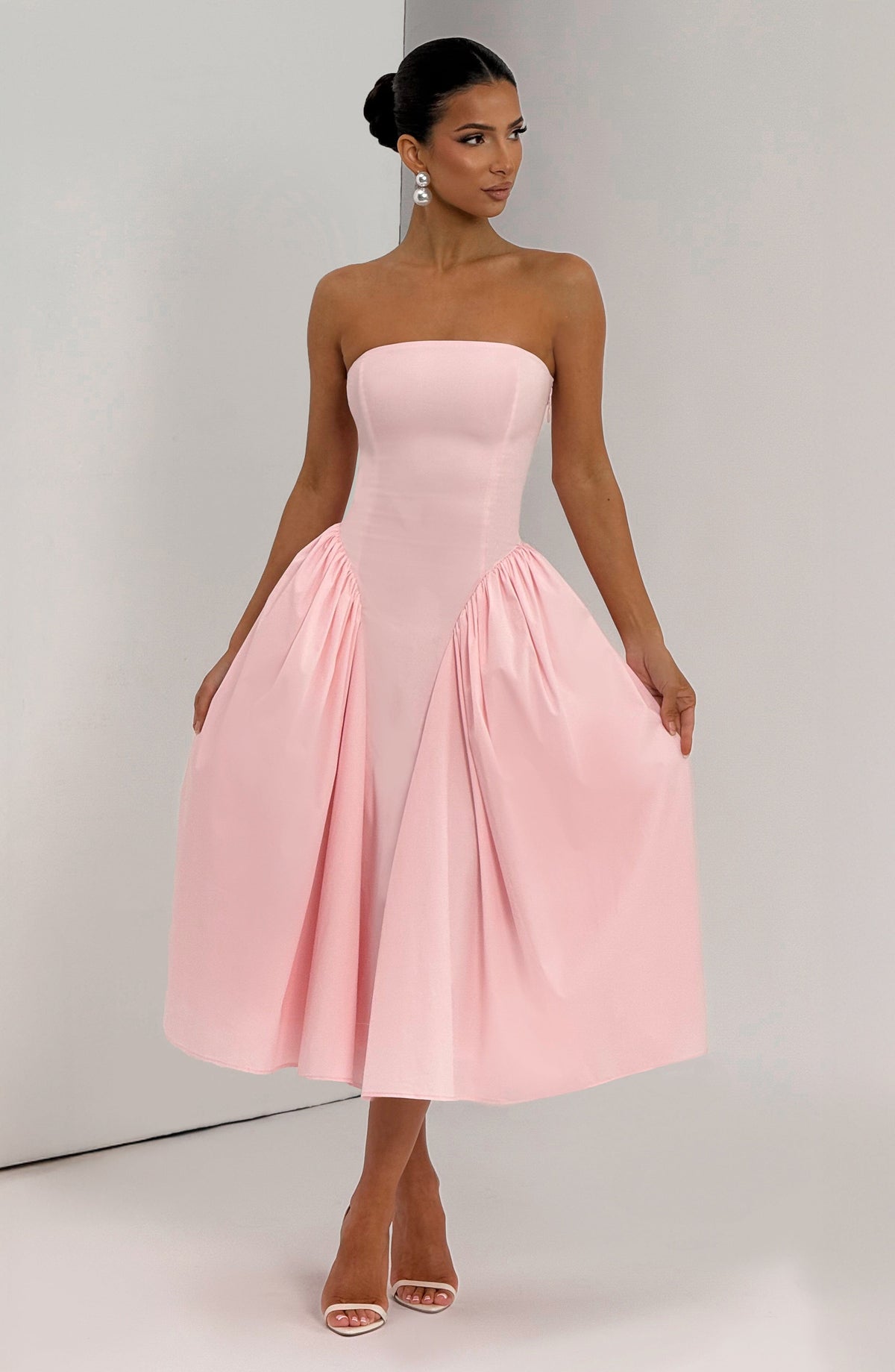 Strapless Fitted Bodice Gathered Side Panel Full Skirt Midi Dress 5