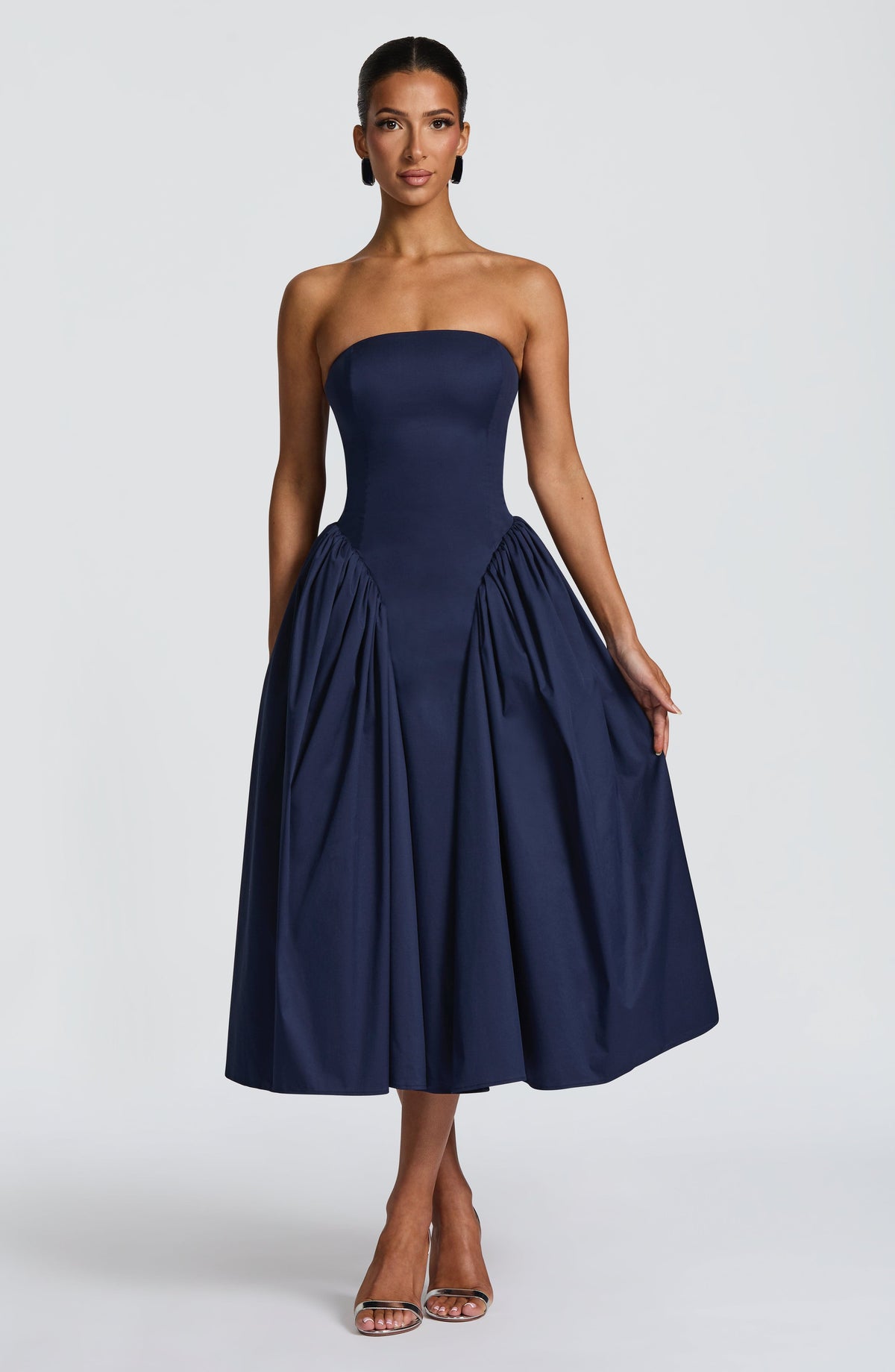 Strapless Basque Waist Gathered Godet Skirt Midi Dress