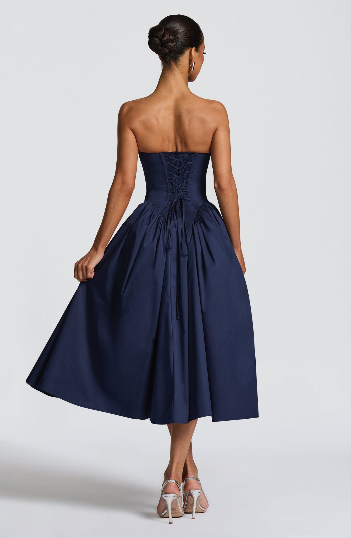 Strapless Basque Waist Gathered Godet Skirt Midi Dress 3